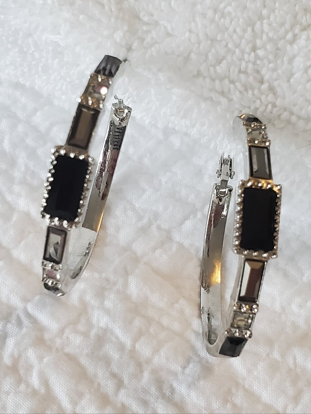 Silver-toned Hoop Earrings with Black, Grey And White Rectangular Stones